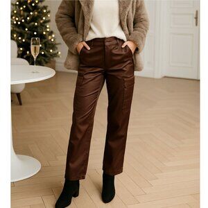 House of Harlow 1960 Satin Cargo Pants Brown High Rise Straight Leg Womens Sz 6